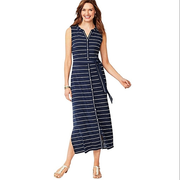 Talbots Dresses & Skirts - Talbots Navy Blue White Striped Sleeveless Maxi Dress V-neck Button Down Sz XLp